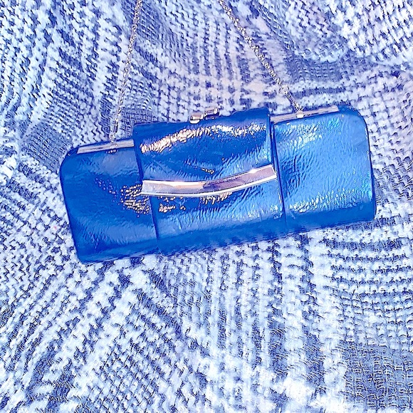 DiY Glam Clutch-Shoulder Handbag Navy Silver Fold Over Snap Closure+Silver Chain - Picture 2 of 16